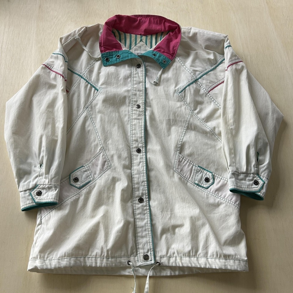 Vintage 80/90s New York Girl Jacket Womens Large White Cotton Snap Windbreaker